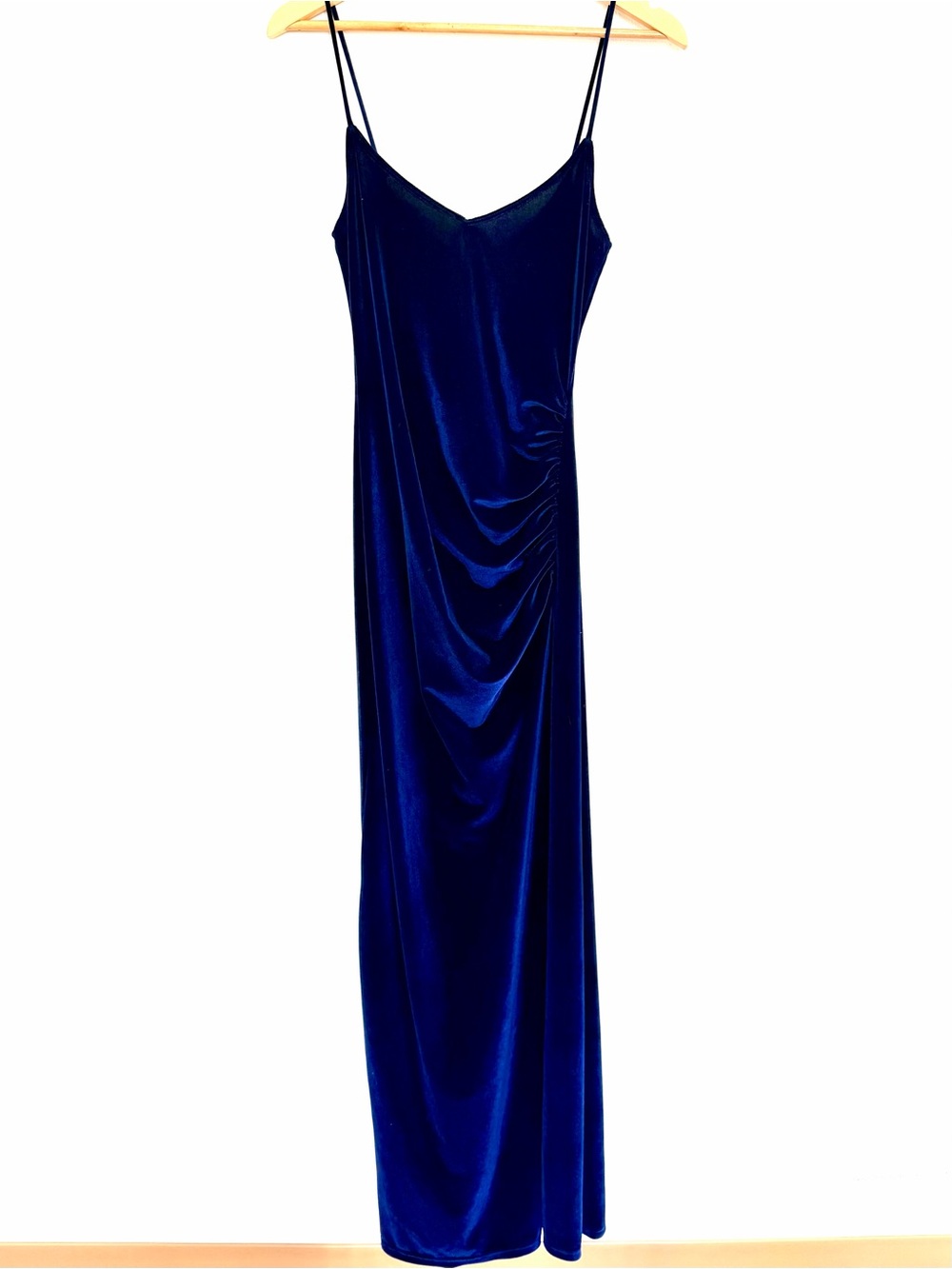 Reformation Navy Blue Velvet Ruched Maxi Dress Side Slit Spaghetti Strap